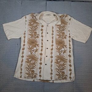 Tommy Bahama Palm Frond Vertical Pattern Silk Camp Shirt Mens L Floral Hawaiian